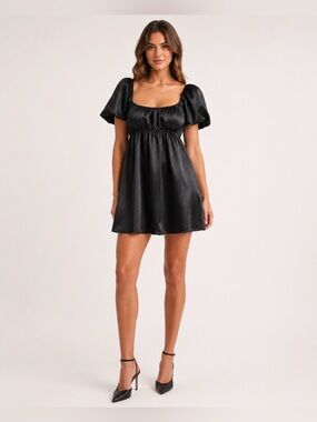 All in Favor Black Puff Sleeve Satin Mini Dress